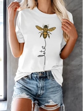 Bee Kind Belief Print Crew Neck T-shirt - Casual Loose Short Sleeve Summer Top for Women