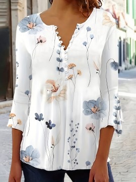 Floral Print Button Front T-shirt - Casual Flared Sleeve Top for Women - Spring & Fall Fashion